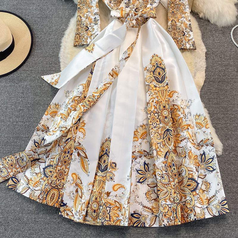 Court Vintage printed long sleeved dress with large swing  3382