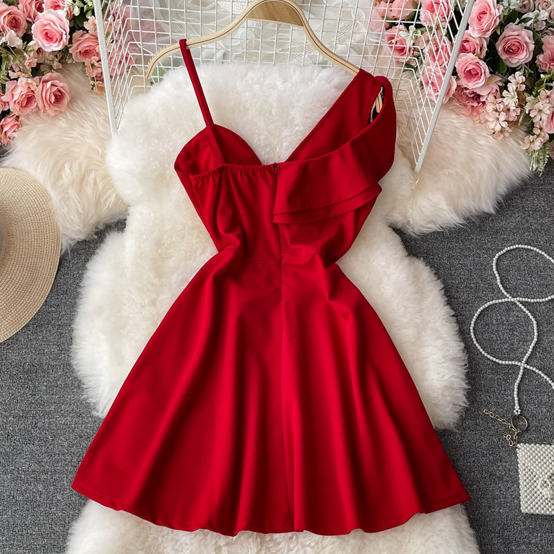 Slim slant neck off shoulder dress fluffy skirt  3200