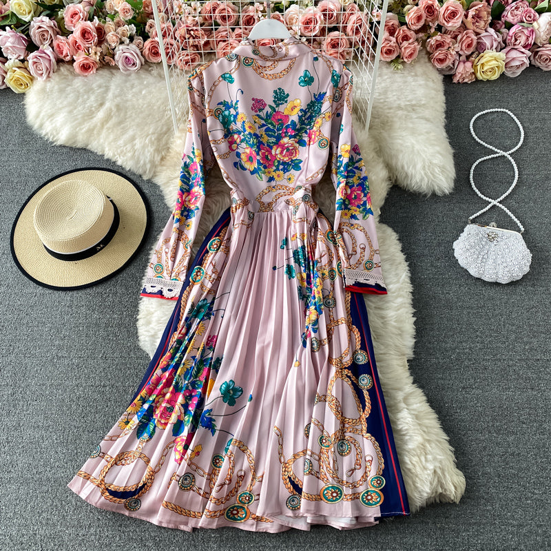 Celebrity temperament foreign style bow print Pleated Dress  3167