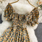 French sweet waist closing thin square neck bubble sleeve Floral Dress  3189