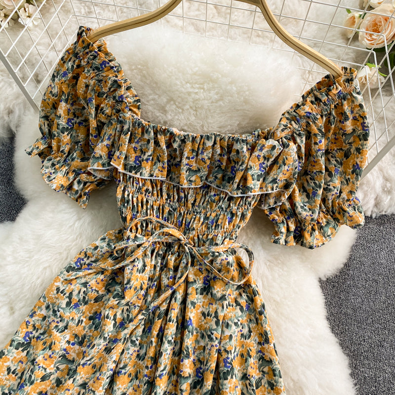 French sweet waist closing thin square neck bubble sleeve Floral Dress  3189