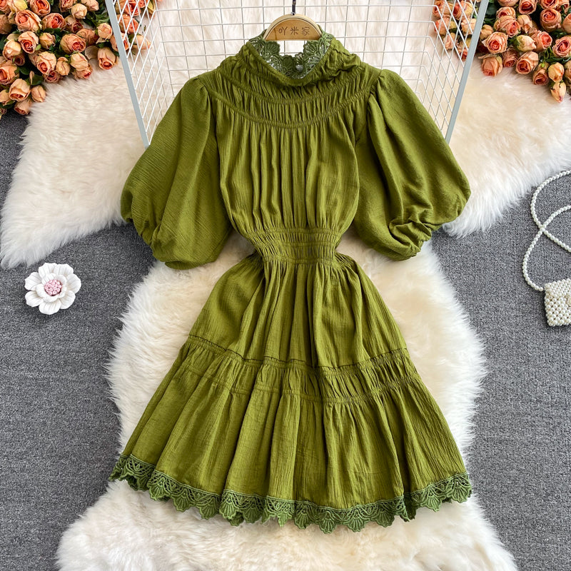 French court lantern sleeve design lace stitching stand collar dress  3377