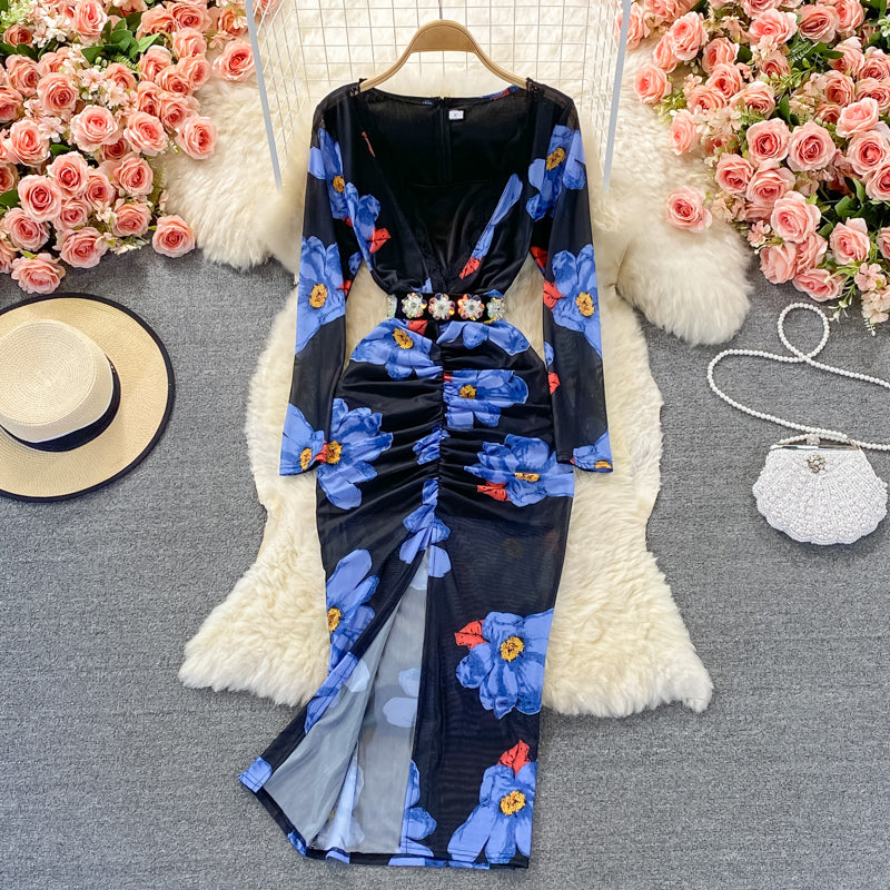 Sexy V-neck printed elastic slim wrap hip dress  3248