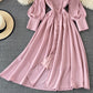 Single breasted waistband slim bubble sleeve dress long skirt  3334