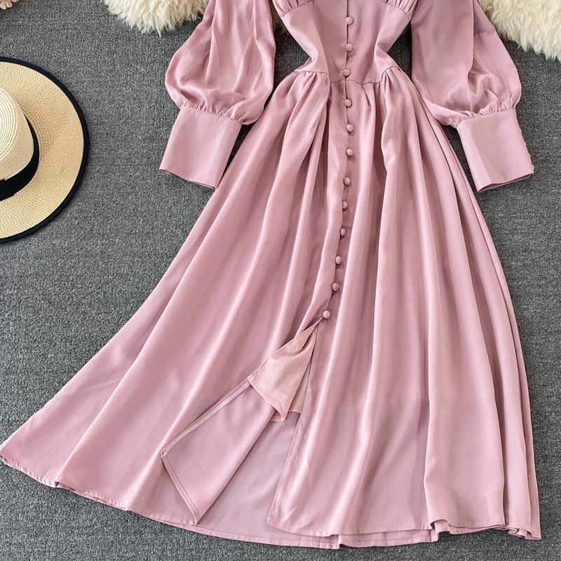 Single breasted waistband slim bubble sleeve dress long skirt  3334