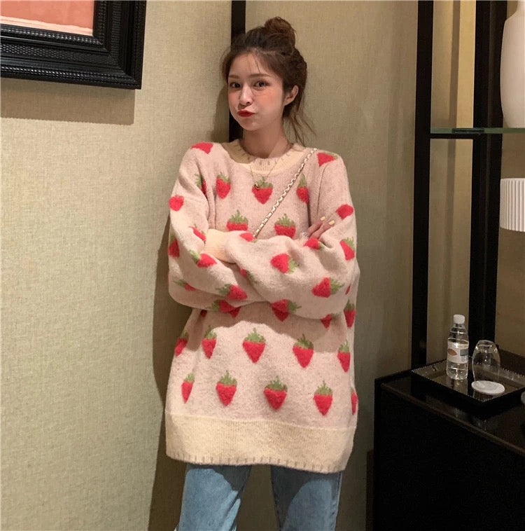 New, loose, sweet, girl strawberry pullover, lazy, vintage, heavy knitted sweater  1438