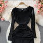 Tassel stitched bright silk irregular fold wrap hip round neck dress  3093
