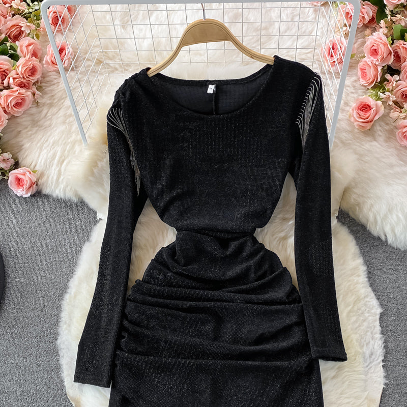Tassel stitched bright silk irregular fold wrap hip round neck dress  3093