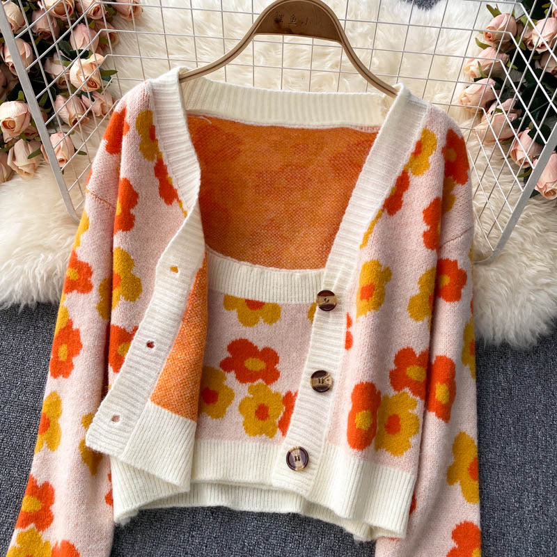 Automne, frais, à la mode, haut à bretelles spaghetti, pull cardigan, deux costumes 1395