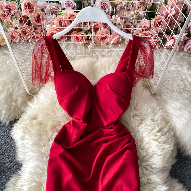 Sexy, rückenfreies, plissiertes, schmales Wickel-Hüftrock-Mode-Split-Kleid 3284