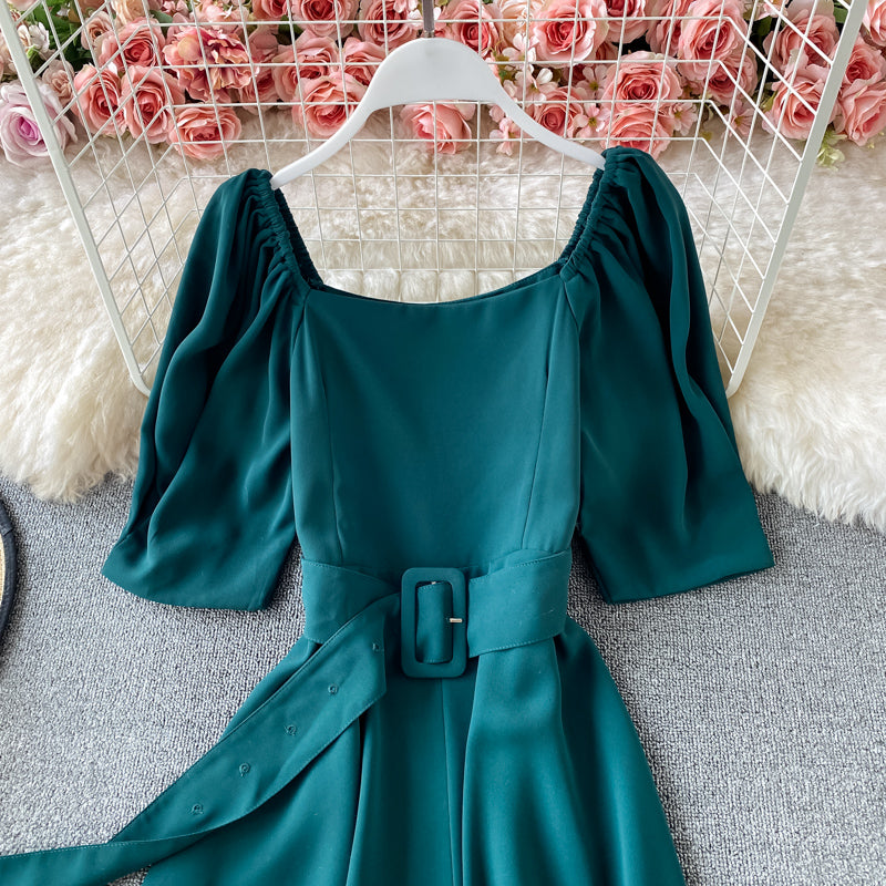 French square neck bubble sleeve lace up waist slim backless dress  3170