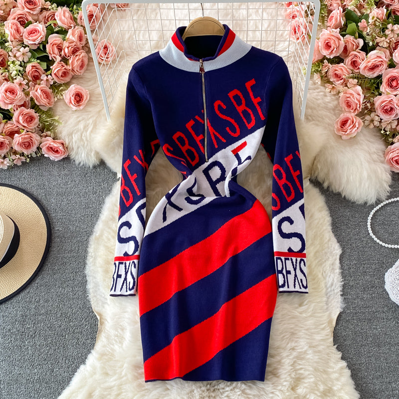 Slim and slim letter printed buttock dress  2911