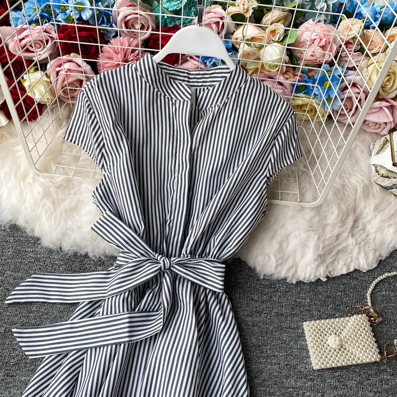 Striped light mature dress with slim waist  2947