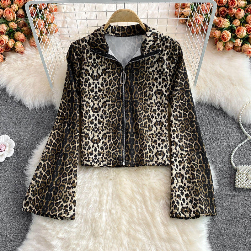Korean leopard print loose casual stand collar zipper coat  1678