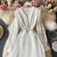 Slim waist long sleeve mesh stitched lace dress  2926