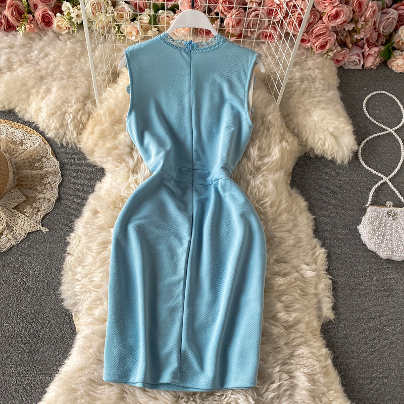Lace Panel contrast slim wrap hip dress  2892
