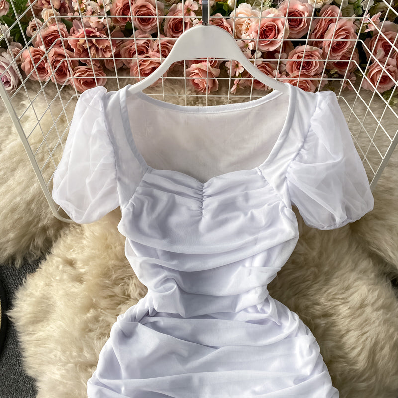 French square neck bubble sleeve mesh Pleated Dress  2787