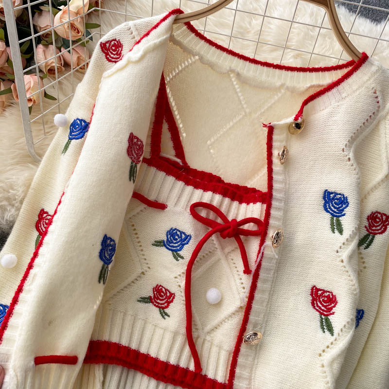 Strick-Cardigan, Vintage, gestickte Blume, lockerer Langarm-Pullover, kurzer Absatz, Spaghettiträger-Oberteil, süße Zweier-Sets 1339