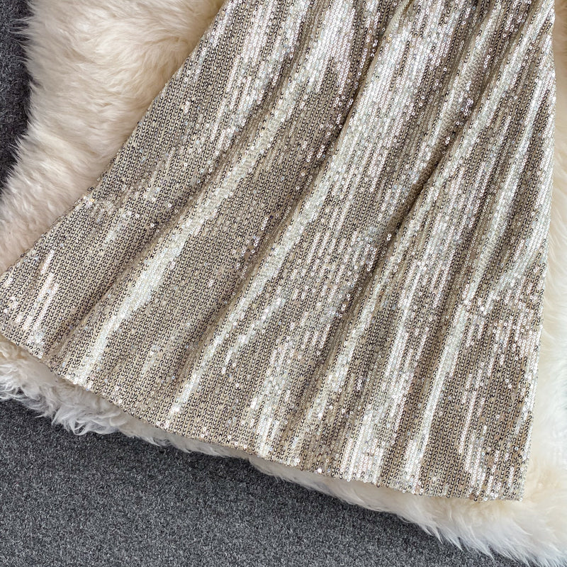 Celebrity light luxury Sequin short high-end V-neck dress  3068