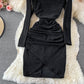 Tassel stitched bright silk irregular fold wrap hip round neck dress  3093