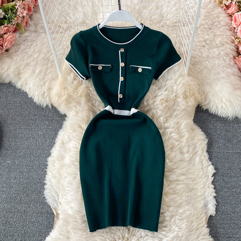 Slim round neck knitted Hip Wrap Dress  2975