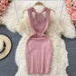 Hanging neck open back square neck knitted Hip Wrap Dress  2768