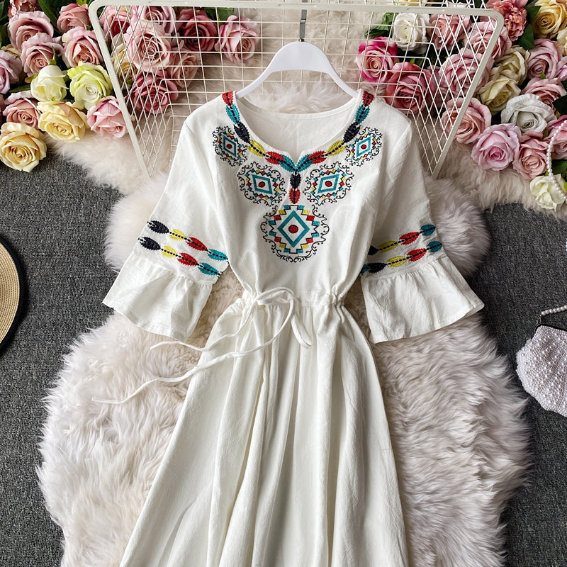 Embroidered trumpet sleeve V-neck waist cotton hemp loose holiday dress  2948