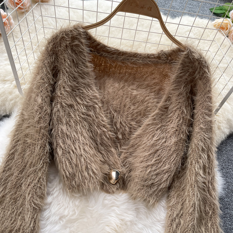 Kurzer Mohair Cardigan Damen Plüsch Pullover Mantel 1598