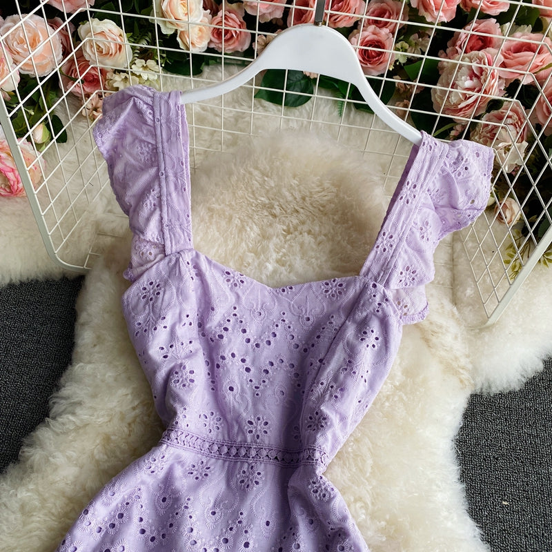 Lace hollow bubble sleeve temperament flounce suspender dress  2765