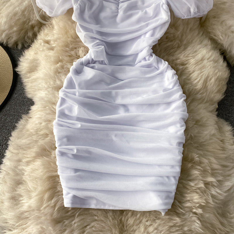 French square neck bubble sleeve mesh Pleated Dress  2787