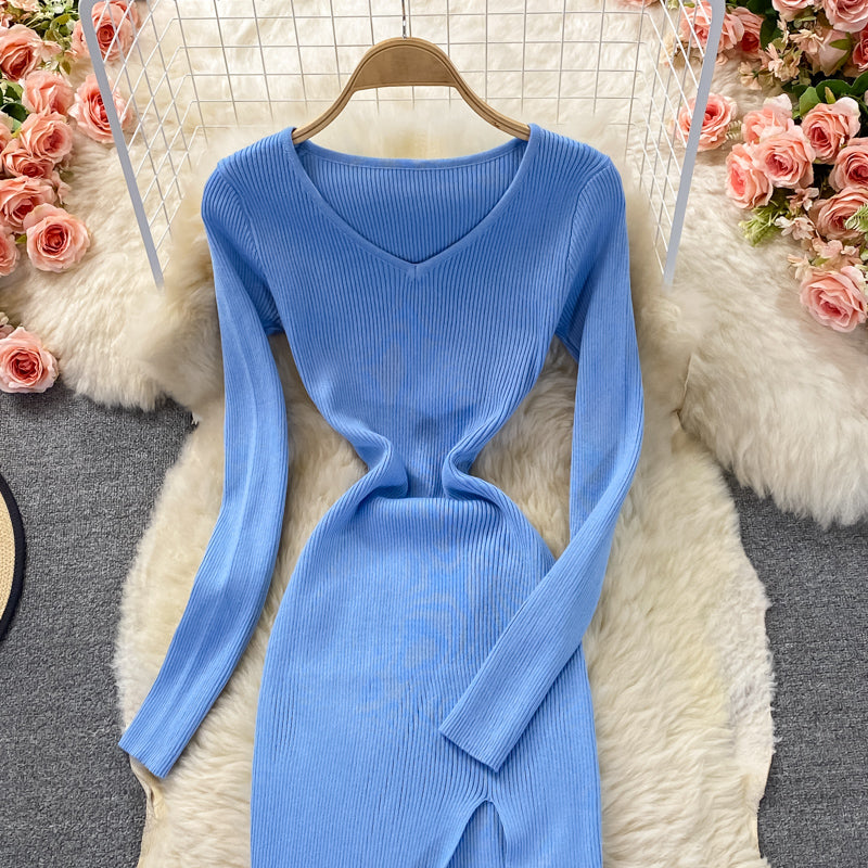 Tight elastic knitted skirt waist closing temperament split dress  2858