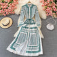 Gentle print lace up Lapel single breasted dress  3368