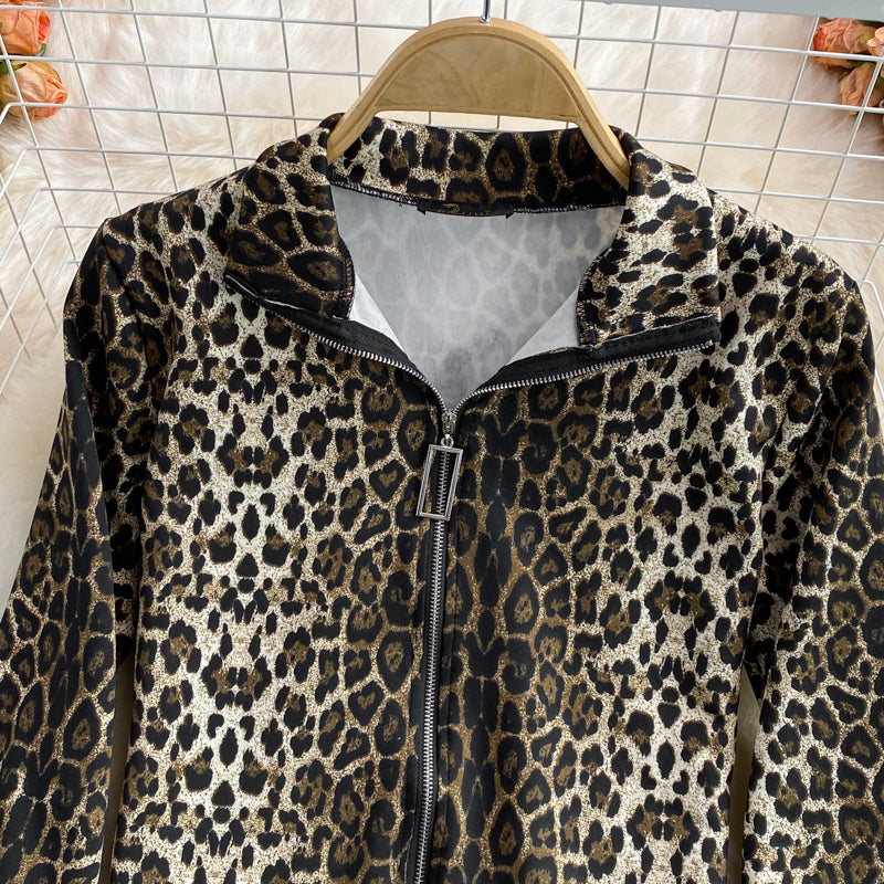 Korean leopard print loose casual stand collar zipper coat  1678