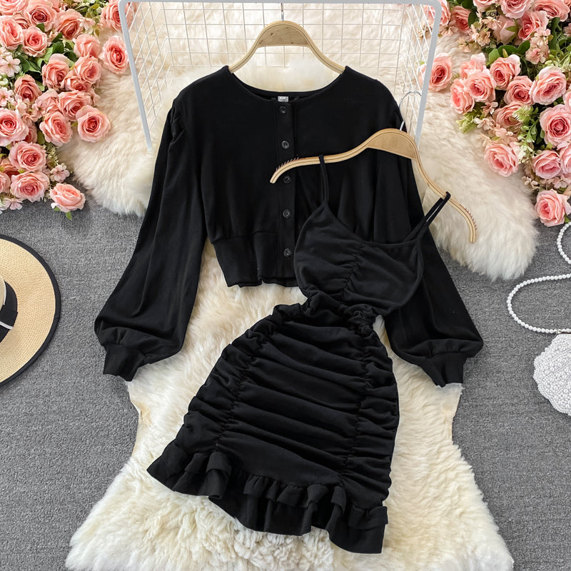Slim suspender skirt Ruffle wrap hip dress  2859