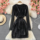 Satin high waist with thin V-neck irregular dress  3352