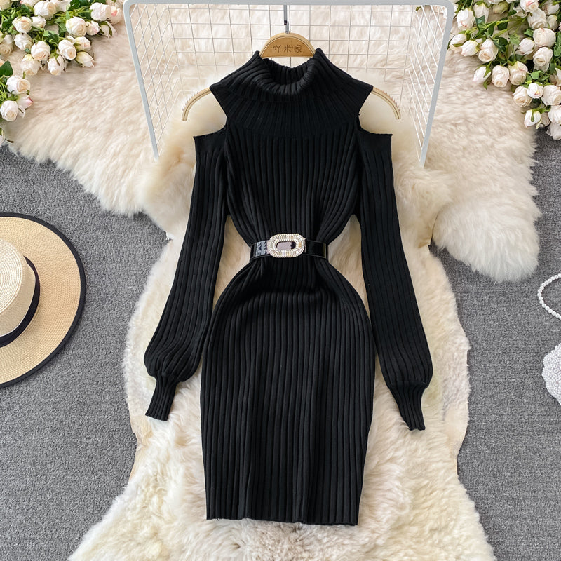Fashion high neck off shoulder knitted dress  3383