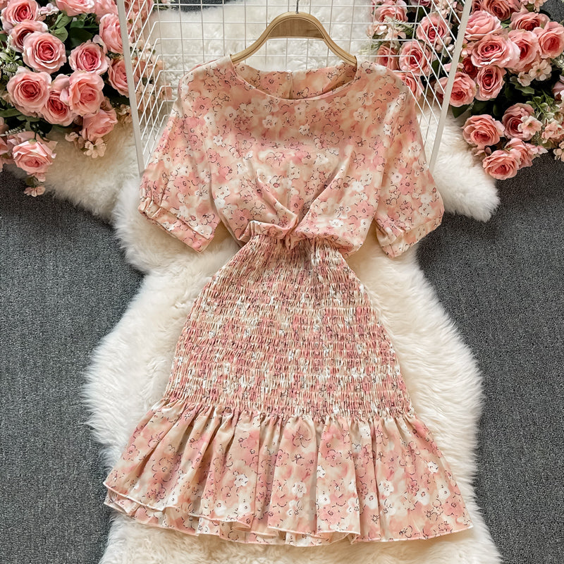 Round neck short sleeve Floral Chiffon fishtail dress  2894