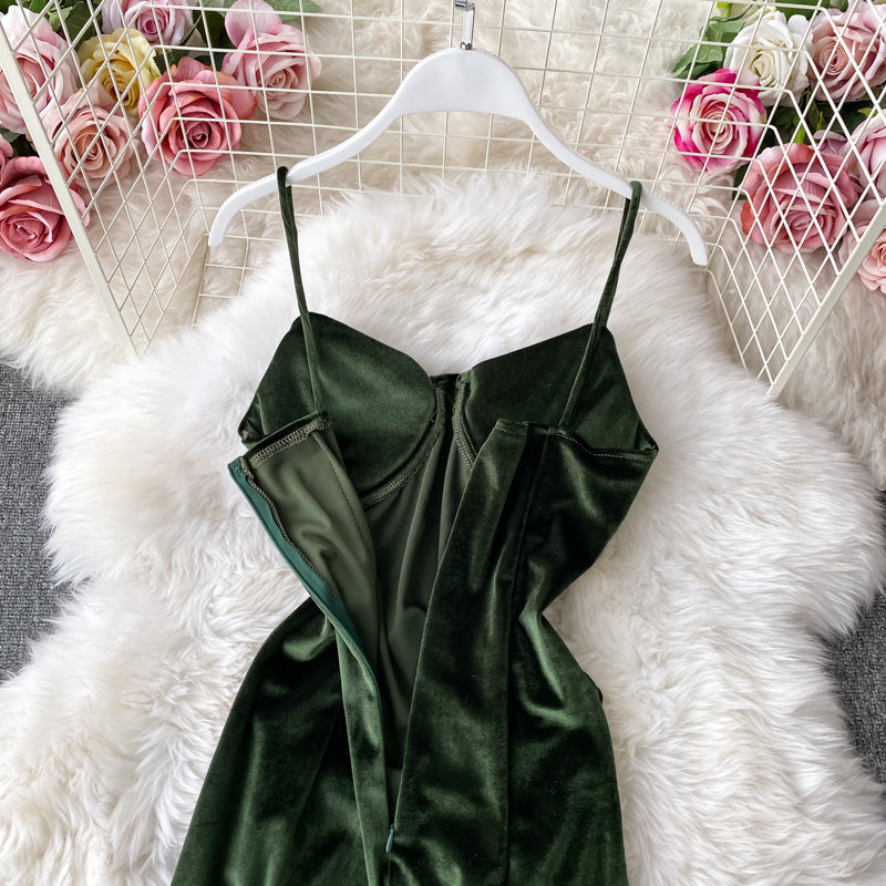 Vintage Hepburn velvet dress split Strapless suspender dress  3142