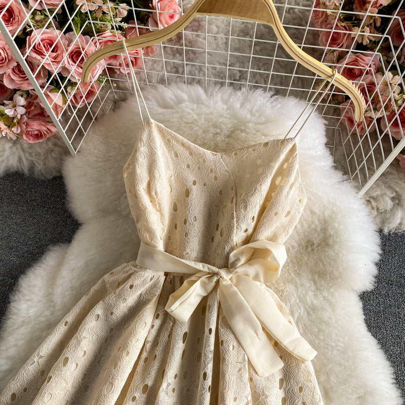 Sweet little fresh suspender skirt high waist backless lace dress  2893