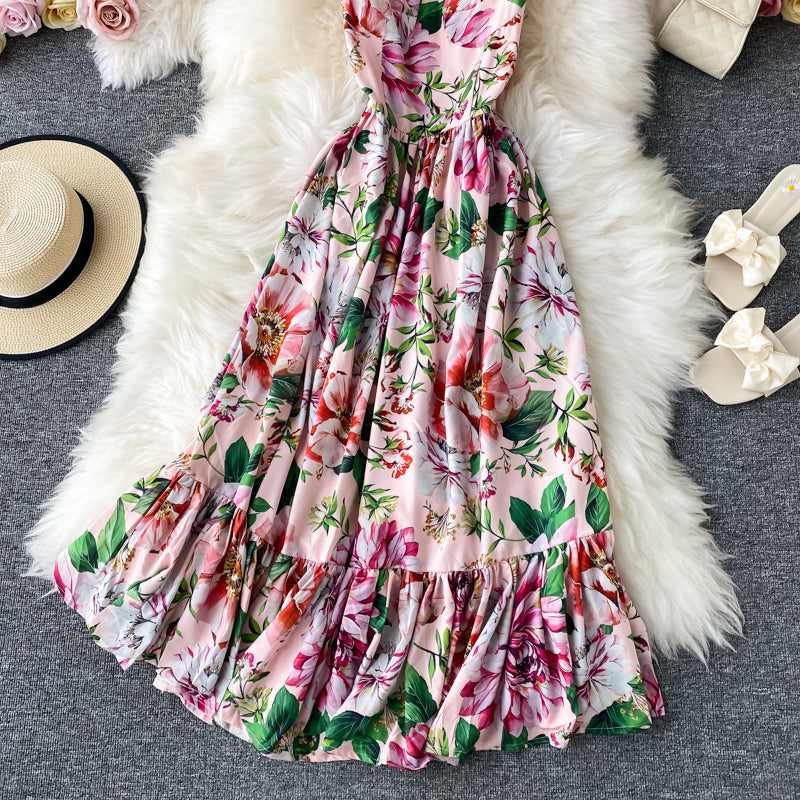 Geblümtes Kleid mit offenem Rücken, französischer langer Rock 2847
