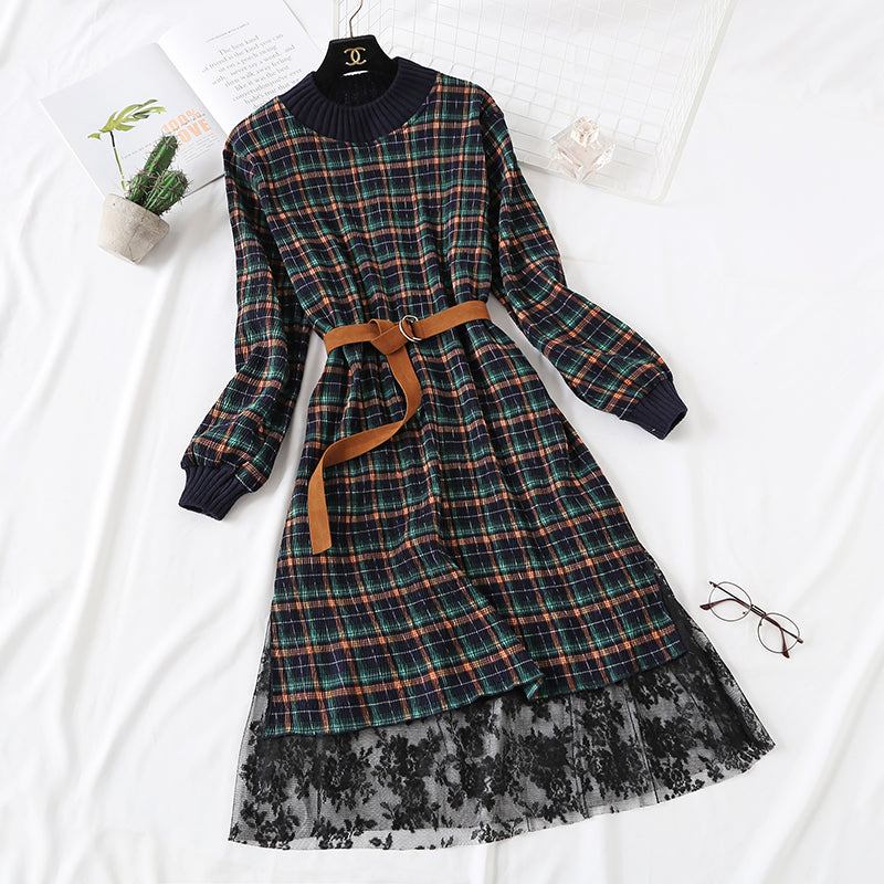 Polka Dot Plaid floral long skirt with lace bottom skirt is thin and tall  2460
