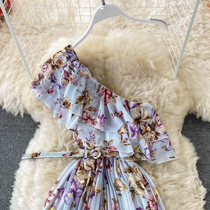 Ruffle waist Pleated Chiffon Floral Dress  2972