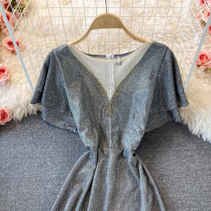 Noble and elegant temperament bright silk round neck dress  2986