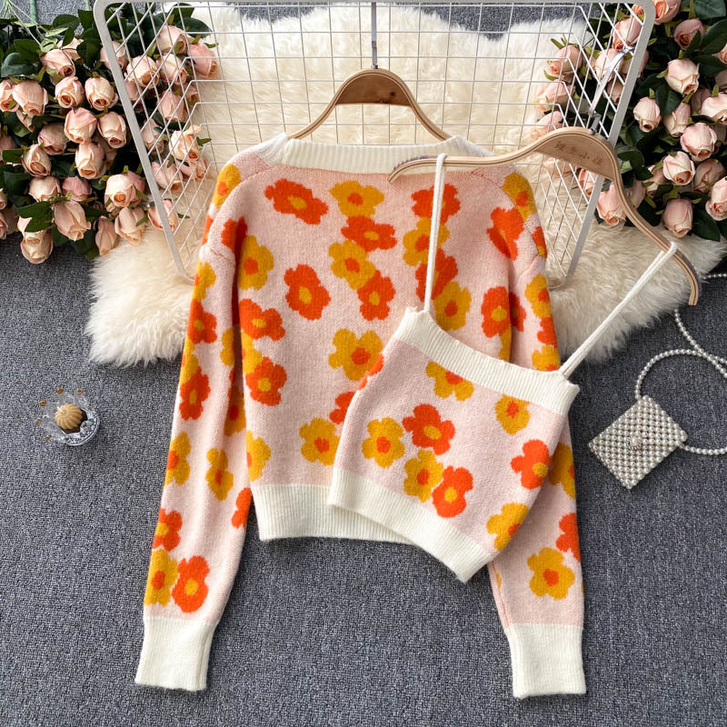 Automne, frais, à la mode, haut à bretelles spaghetti, pull cardigan, deux costumes 1395