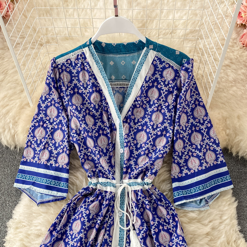 Einreihiges Kleid mit V-Ausschnitt, großer Blumenrock, langer Rock 2969