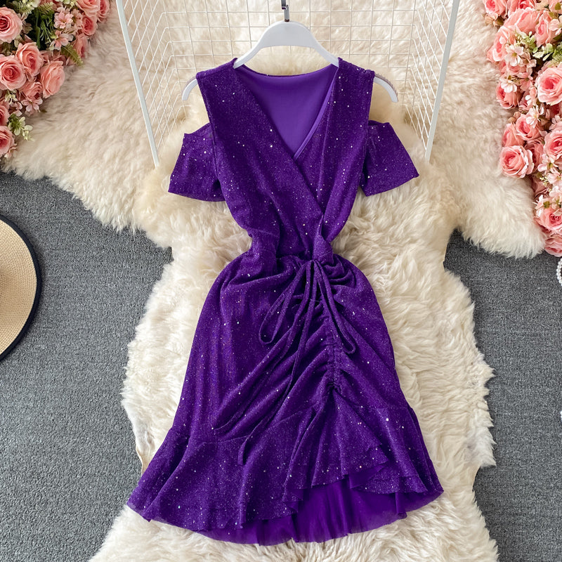 Sexy cross V-neck Sequin elastic Ruffle Dress  3318
