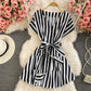 Celebrity temperament V-neck stripe lace up waist dress  2962
