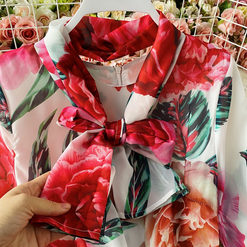 French elegant rose print Crew Neck Dress  3419