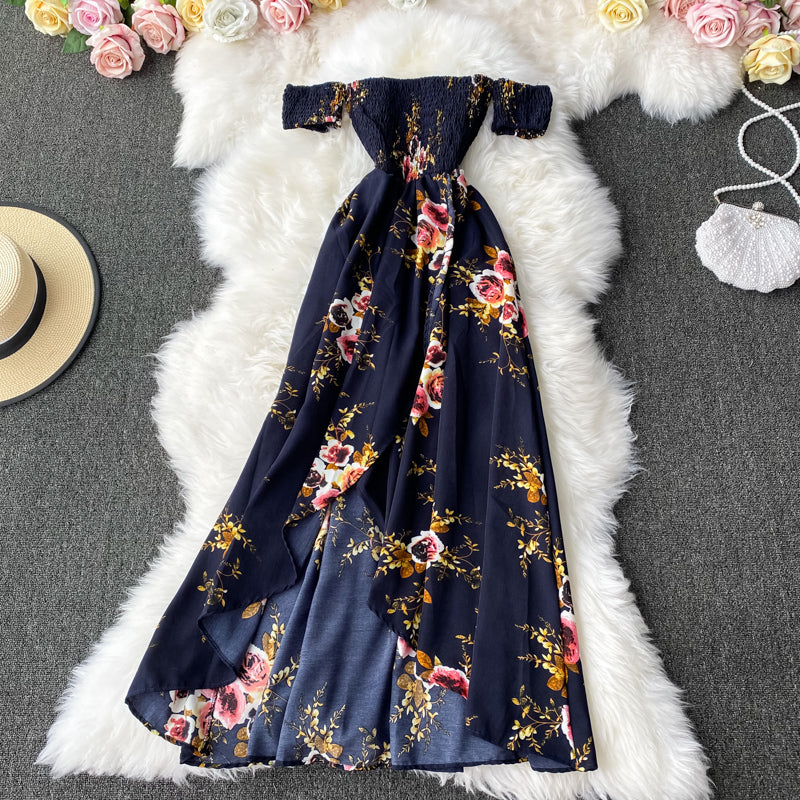Fashion temperament one shoulder Strapless Floral Dress  2927