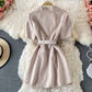 Slim waist, solid color short sleeve suit dress  3197